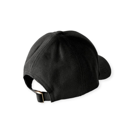 Black canvas baseball cap shown from rear with adjustable strap and metal buckle closure design