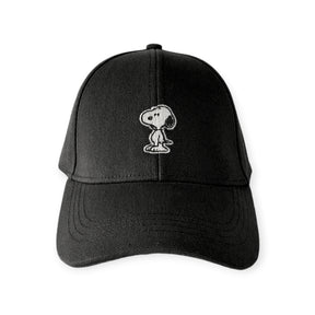 Black canvas cap featuring a small embroidered Snoopy character on the front center panel in a minimalist style