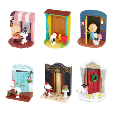 Six distinct Snoopy Door Story scenes featuring Peanuts characters at colorful, themed doorways, gallery position 1 view