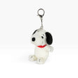 Fuzzy Snoopy keychain with metal clip and ring, side sitting plush dog