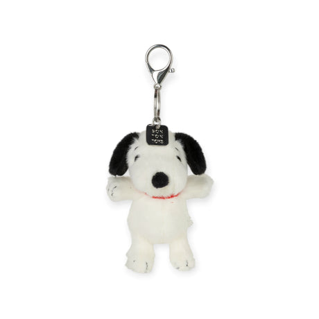 Fuzzy Snoopy keychain with metal clip and ring, front-facing plush dog