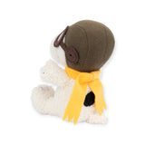 The Snoopy Plush Flying Ace - 18cm by Snoopy makes an ideal Peanuts gift, featuring a brown aviator helmet, goggles, and a yellow scarf that evoke the iconic Flying Ace image against a white background.