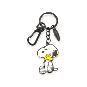 Snoopy Hugging Woodstock Keychain featuring Snoopy holding Woodstock in black metal chain by Snoopy and Pintrill.