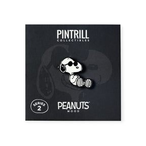 Snoopy Joe Cool - Enamel Pin showing Snoopy reclining with sunglasses, silver plated brass by Snoopy and Pintrill.