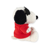 This Snoopy Plush Joe Cool showcases a 17cm plush toy dog with a white body and black ears, sporting a red sweater, and confidently sitting on its hind legs.