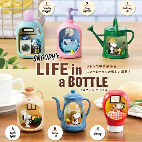 Six miniature Snoopy scenes inside pastel-colored household containers with detailed interiors and small accessories