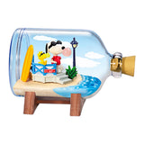 Beach scene glass terrarium with Snoopy and Woodstock, blue water and lamp, on stand