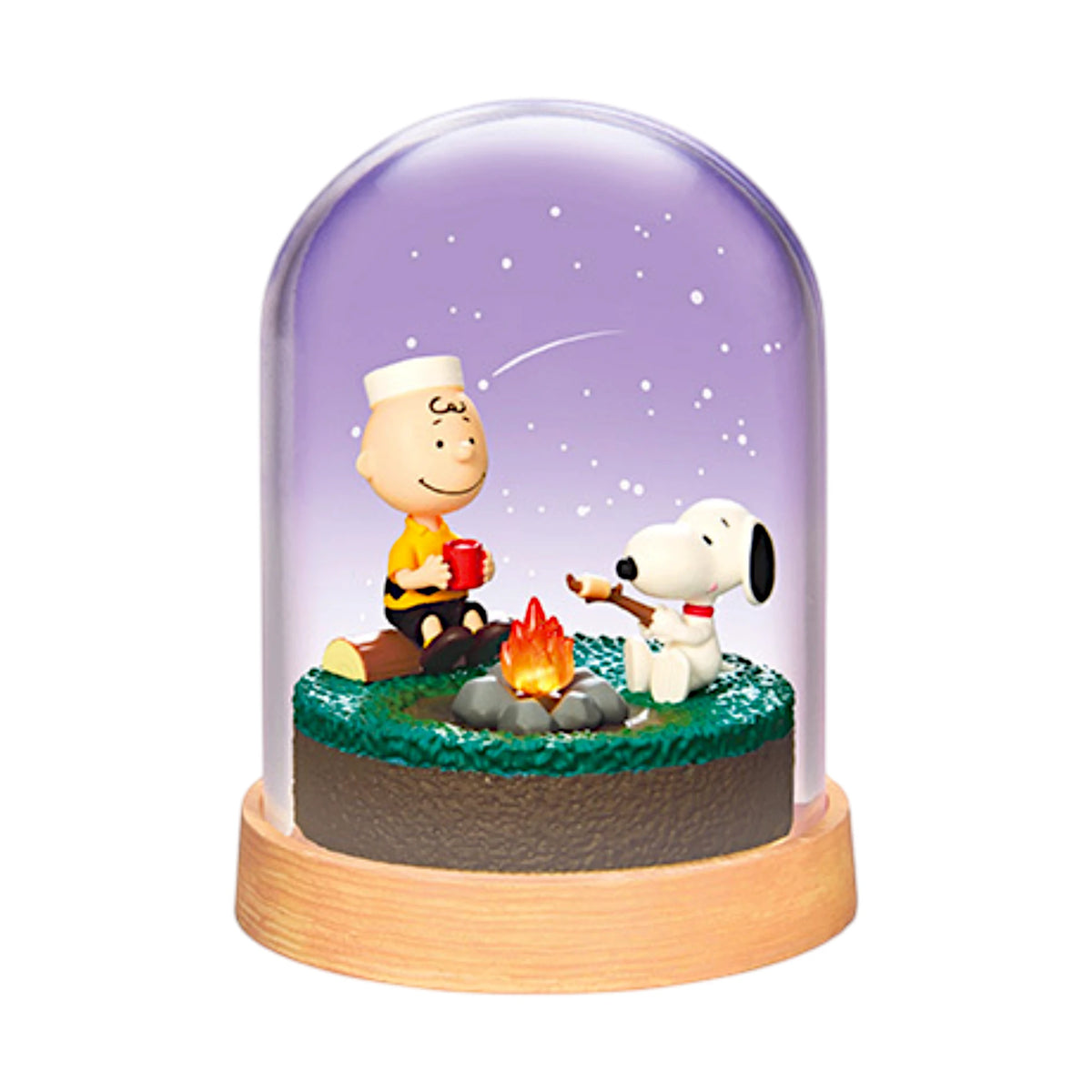 Purple night glass terrarium with Snoopy camping by a small fire, on wooden base