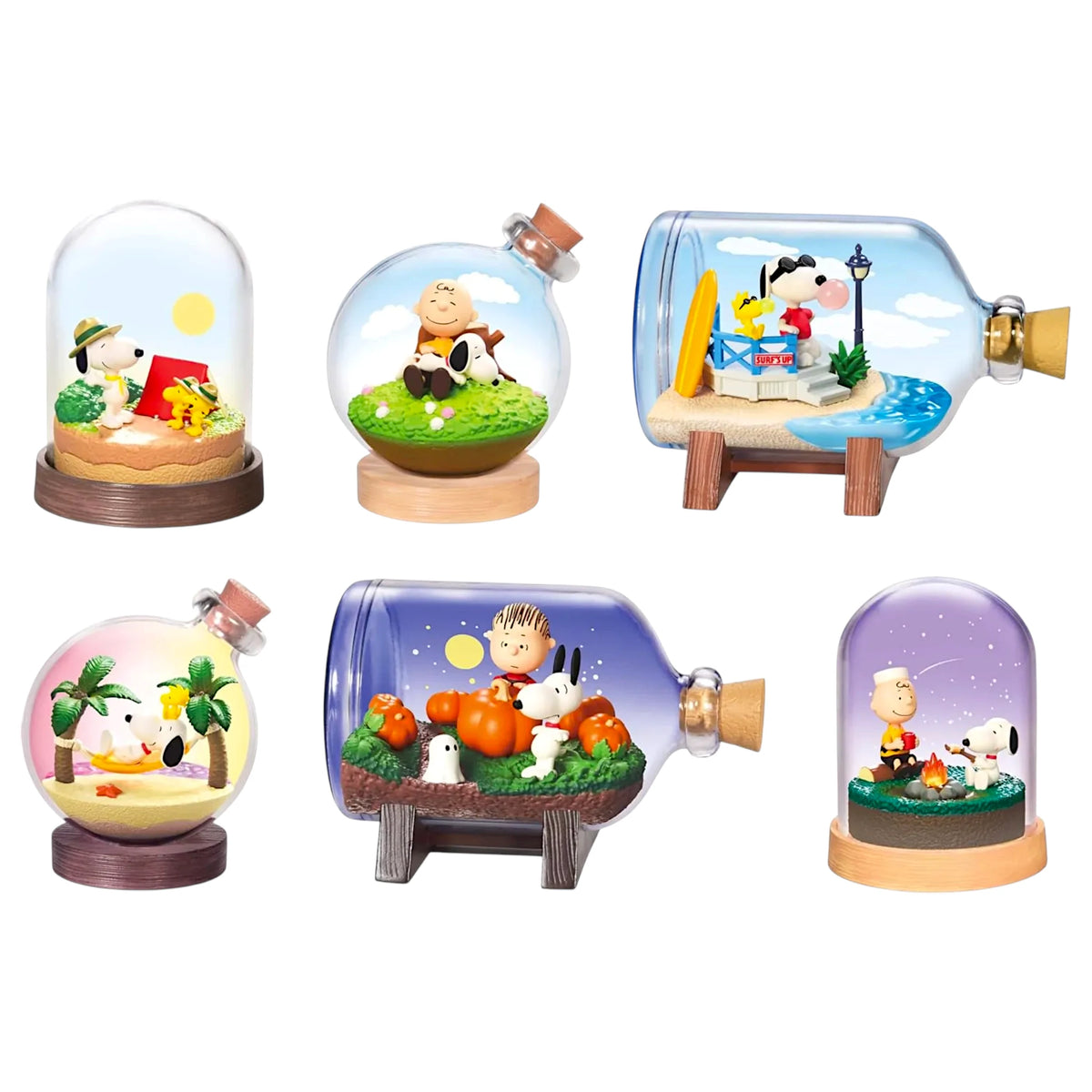 Assorted mini Snoopy glass terrarium blind box figures with different scenes on stands