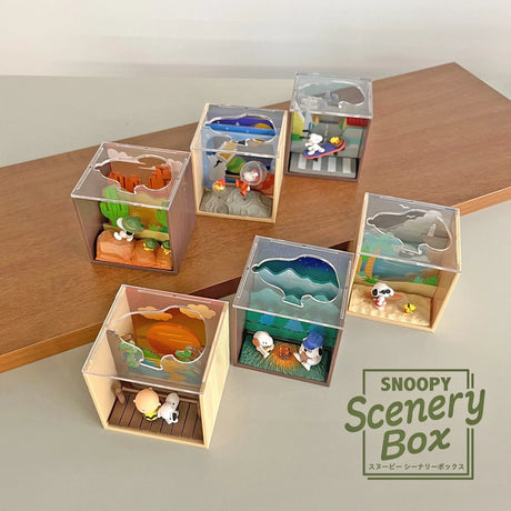 Six Snoopy Scenery Blind Box dioramas showcasing Peanuts characters in uniquely themed outdoor miniature scenes, gallery image one