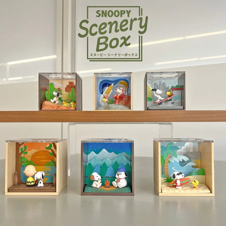 Six Snoopy Scenery Blind Box dioramas with Peanuts characters in varied outdoor settings, promo image gallery position 1