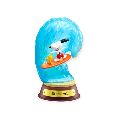 Snoopy and Woodstock surfing a large blue wave on orange board with gold plaque reading Surfing on brown base