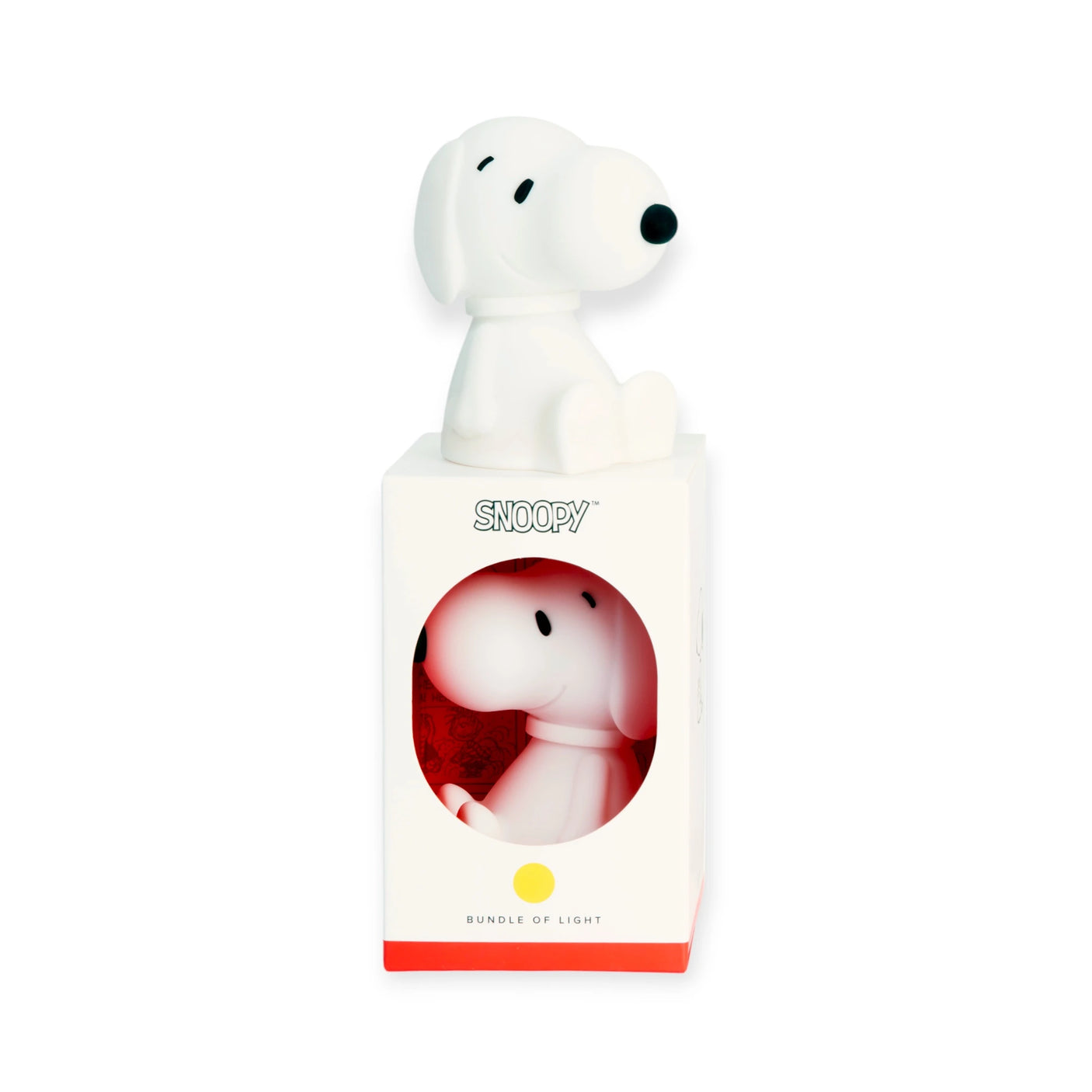 A compact 11cm Snoopy Night Light, designed in white and made from BPA-free silicone, is stylishly packaged with Peanuts branding featuring a clear circular window.