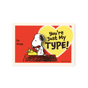 Snoopy at typewriter on red card with yellow heart saying "You're Just My Type!" front view, gallery image 1