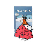 3D puffer jacket keychain on blue PEANUTS card with metal chain attached