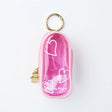 The Sonny Angel My Bestie Case - Pink is a small, pink, transparent zippered pouch with white heart designs, a gold keyring, and "Sonny Angel" printed on the front.