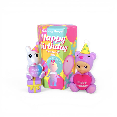 Sonny Angel birthday bear gift set box with purple bear figurine and 'Happy Birthday' balloon