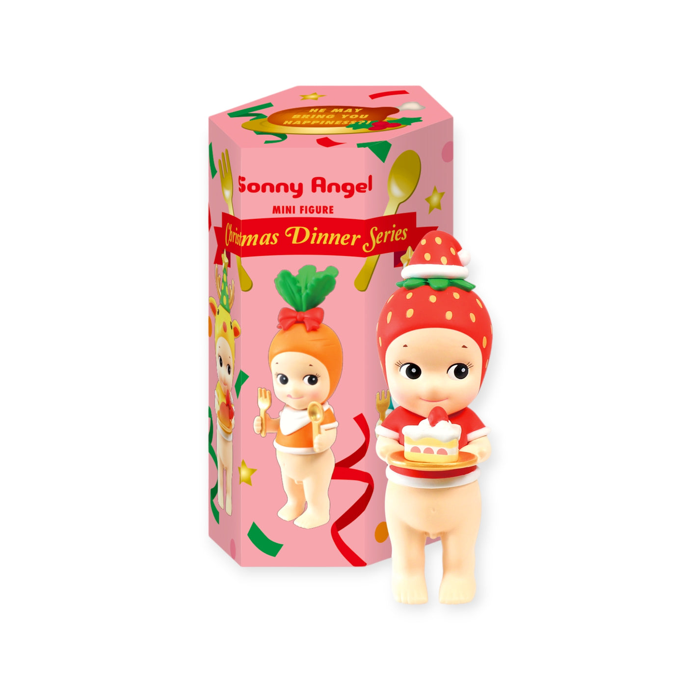 A Sonny Angel Christmas Dinner mini figure, featuring a strawberry cake costume, is adorably positioned next to a vibrant box marked "Christmas Dinner Series," perfectly embodying the holiday cheer. This enchanting figurine is part of Sonny Angel’s popular Blind Box collection, bringing an exciting surprise element to your festive celebrations.