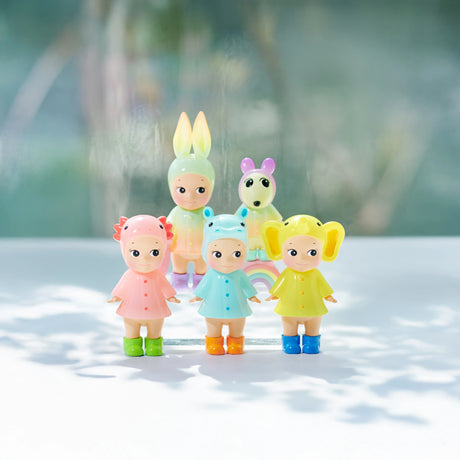 Five pastel rain-themed character figurines standing together