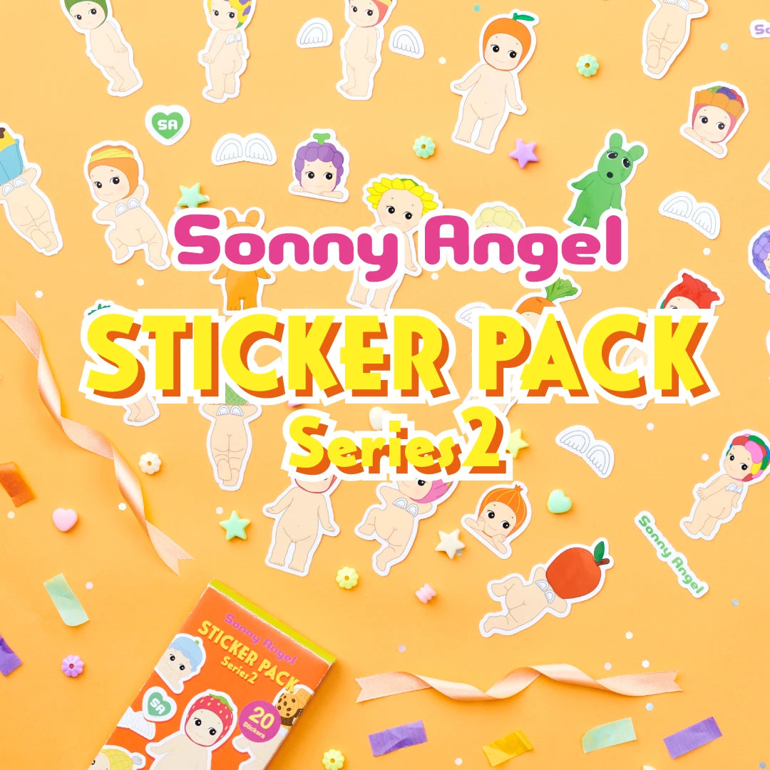 Explore the Sonny Angel Blind Box - Sticker Pack Series 2 by Sonny Angel, showcasing charming baby angel characters, animals, and fruit motifs set against a lively orange backdrop. These robust water-resistant stickers add a whimsical flair to any surface.