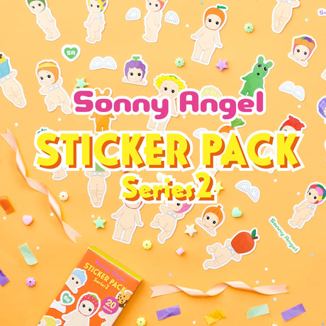 Explore the Sonny Angel Blind Box - Sticker Pack Series 2 by Sonny Angel, showcasing charming baby angel characters, animals, and fruit motifs set against a lively orange backdrop. These robust water-resistant stickers add a whimsical flair to any surface.