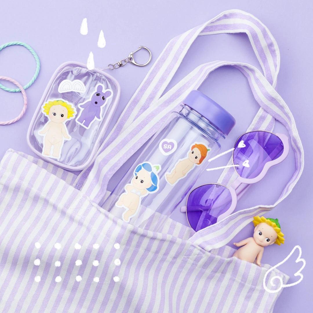 Sonny Angel Blind Box - Sticker Pack Series 2 featuring a tote bag with a water bottle, sunglasses, keychain, and two bracelets on a purple background. Decorated with cartoon illustrations and Sonny Angel mystery sticker sets for added charm.