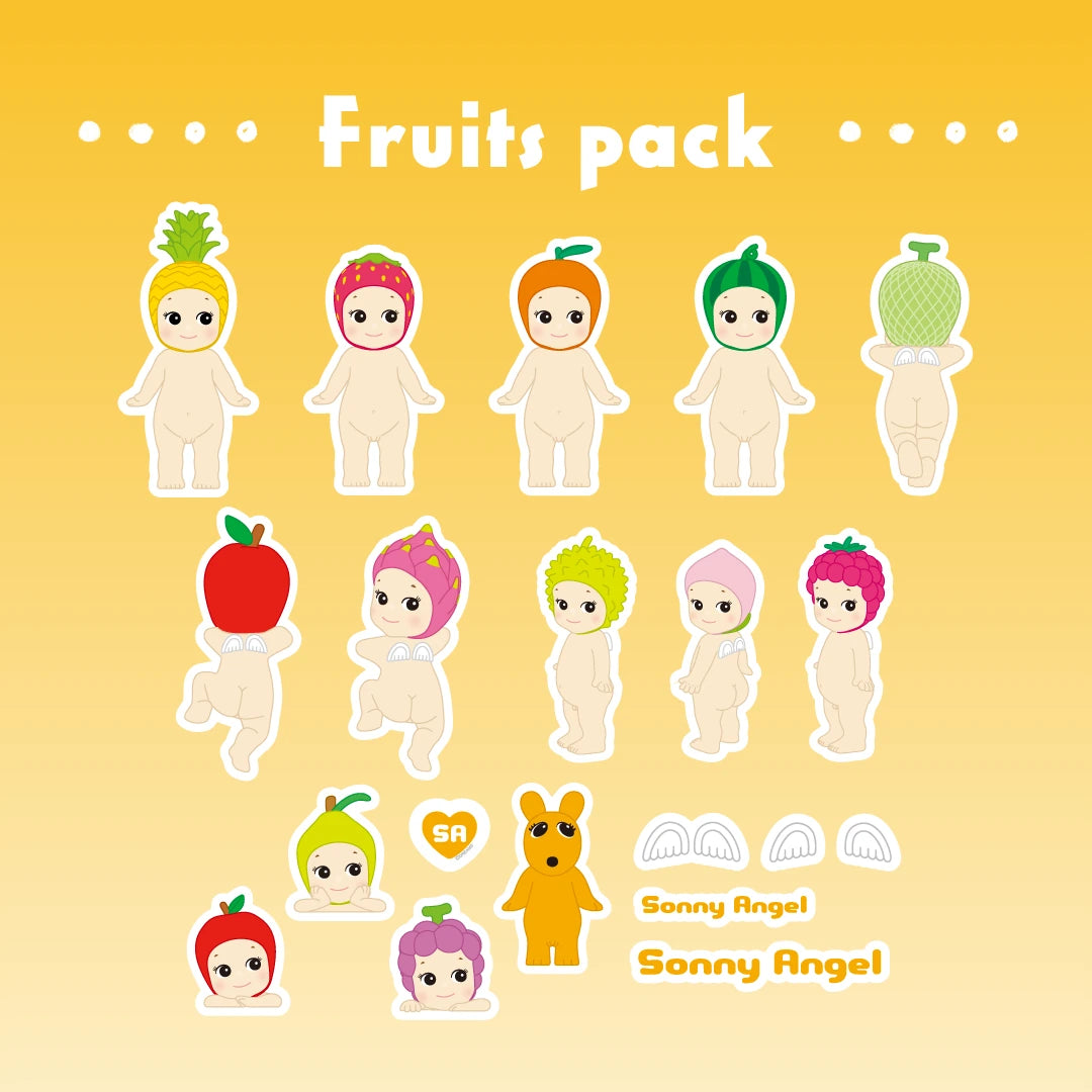 Illustration of 12 small dolls in fruit-themed hoods, arranged in rows. Text and decorative elements include a bear figure and the words "Sonny Angel" at the bottom. Discover the charm of durable water-resistant Sonny Angel Blind Box - Sticker Pack Series 2 by Sonny Angel to complete your mystery sticker sets.