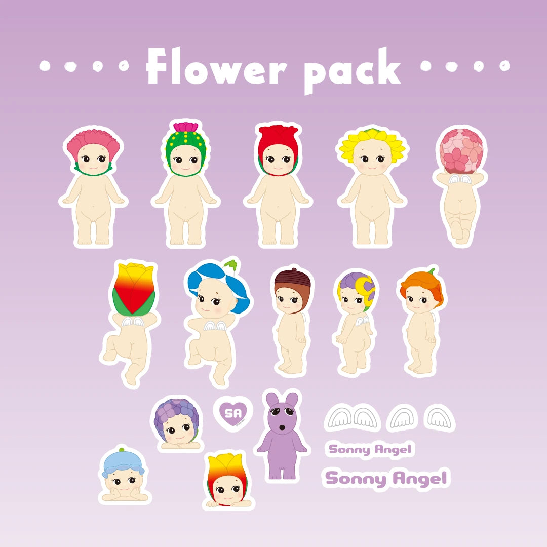 An illustration showcases a dozen delightful angel figurines wearing flower hats, alongside a unique purple dinosaur with additional wings. Dubbed "Flower Pack," this charming ensemble is part of the "Sonny Angel" series and could effortlessly serve as inspiration for Sonny Angel Blind Box - Sticker Pack Series 2 or collectible mystery sticker sets for enthusiasts.