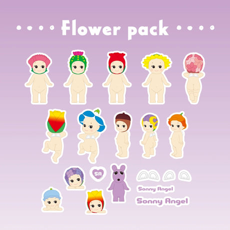 An illustration showcases a dozen delightful angel figurines wearing flower hats, alongside a unique purple dinosaur with additional wings. Dubbed "Flower Pack," this charming ensemble is part of the "Sonny Angel" series and could effortlessly serve as inspiration for Sonny Angel Blind Box - Sticker Pack Series 2 or collectible mystery sticker sets for enthusiasts.