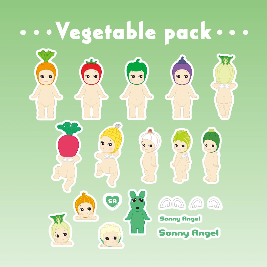 The Sonny Angel Blind Box - Sticker Pack Series 2 by Sonny Angel features illustrations of figures dressed as assorted vegetables, such as carrot, bell pepper, and onion. Smaller accessories like a green bear and wings are included on a vibrant green background labeled "Vegetable Pack." These durable water-resistant stickers add a whimsical touch to your collection.