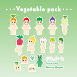 The Sonny Angel Blind Box - Sticker Pack Series 2 by Sonny Angel features illustrations of figures dressed as assorted vegetables, such as carrot, bell pepper, and onion. Smaller accessories like a green bear and wings are included on a vibrant green background labeled "Vegetable Pack." These durable water-resistant stickers add a whimsical touch to your collection.