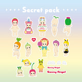 Sonny Angel Blind Box - Sticker Pack Series 2 figures, dressed in diverse animal and plant costumes, are showcased on a pastel background along with durable water-resistant stickers. At the top, the text reads "Secret pack.