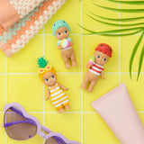 Sonny Angel Summer Vacation Sun Kissed figurines, striped swimsuits with towels and shell props