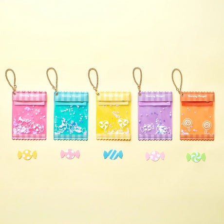 Collection of colorful candy case keychains with chain, small window fronts
