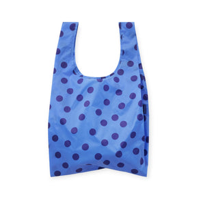 Blue polka dot reusable tote bag with U-shaped opening, dark purple spots