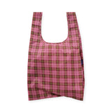 Standard Baggu tote bag, pink plaid tartan, open U-shaped shoulder handles