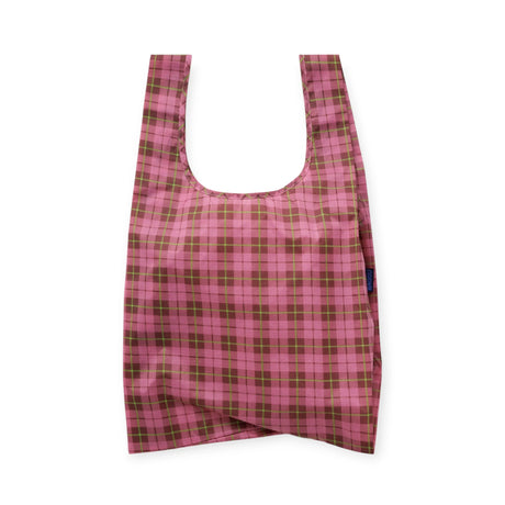 Standard Baggu tote bag, pink plaid tartan, open U-shaped shoulder handles