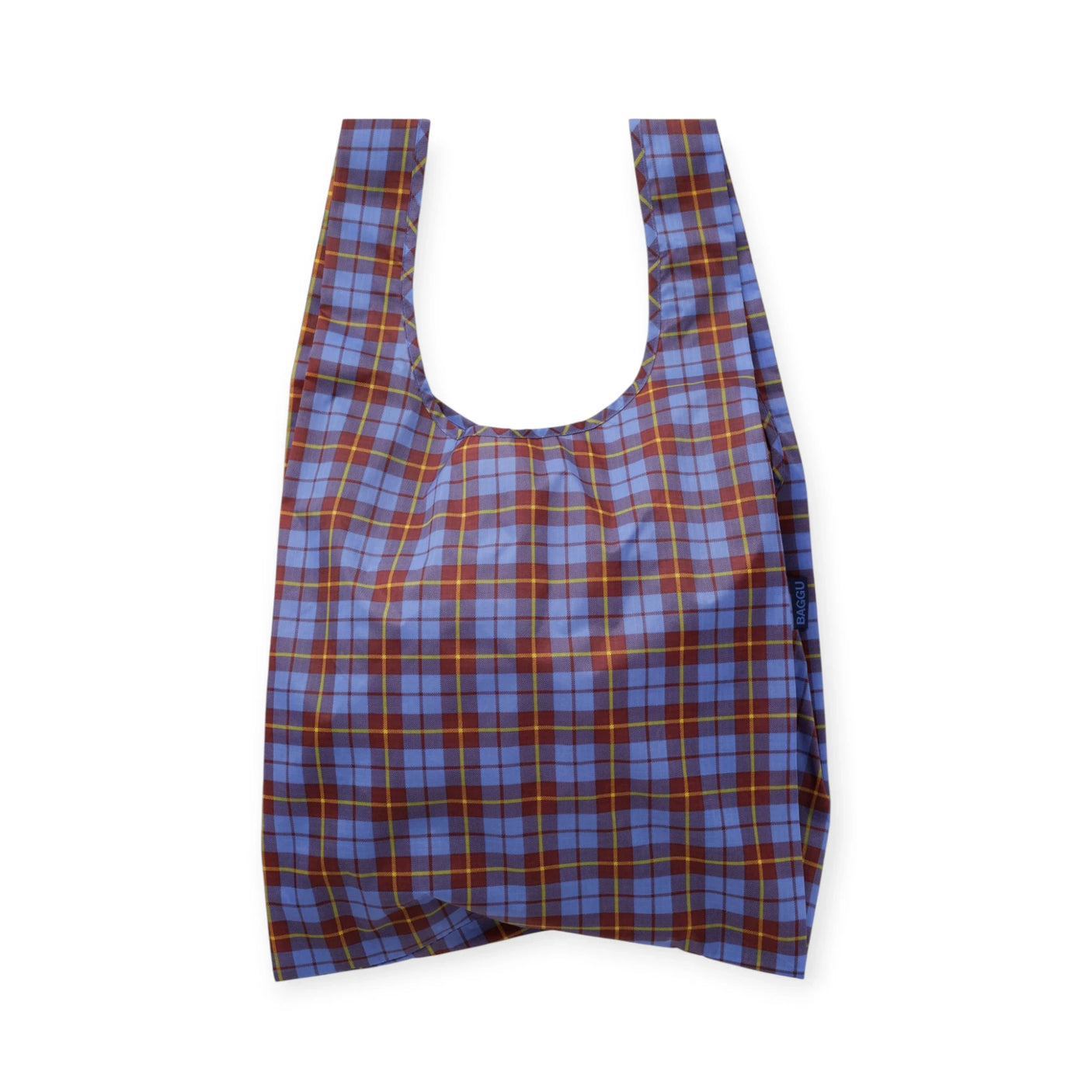 Tartan plaid reusable shopping bag, blue with orange and yellow grid, open tote.