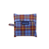 Reusable tote bag with blue and orange tartan plaid, with BaggU label.