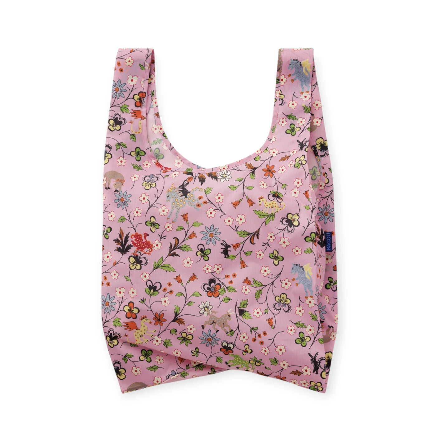 BAGGU reusable tote bag in pink with multicolor floral, butterfly, and animal print