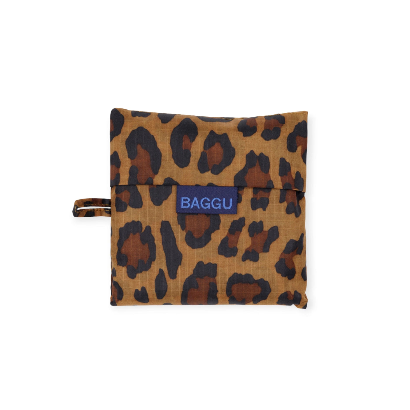 The Standard Baggu Bag - Leopard from Baggu features a vivid leopard print on recycled ripstop nylon, complete with the iconic blue "BAGGU" label.