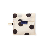 Cream black polka-dot tote bag, folded pouch style, BAGGU blue logo patch
