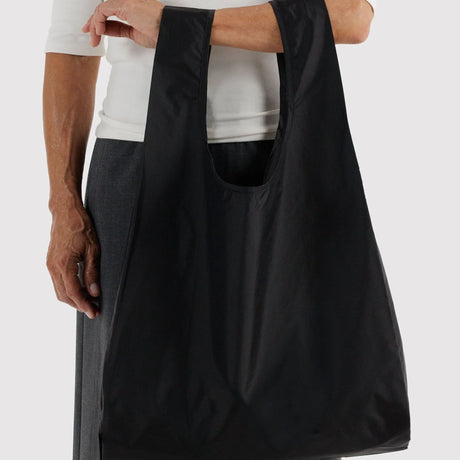 Baggu standard black tote bag with wide open top and long handles