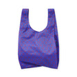 Mini reusable tote bag in cobalt blue with red smiley circle pattern