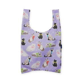 Lavender Standard Baggu bag decorated with airbrushed cats wearing colorful ribbon bows by Sarah Rabin