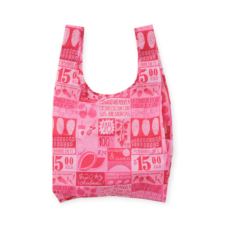 Pink reusable grocery tote bag with all-over Mercado-style print