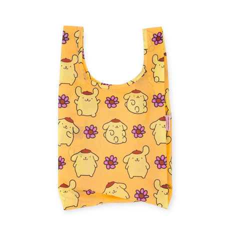 Baggu tote bag with Pompompurin dogs and purple flowers, yellow fabric