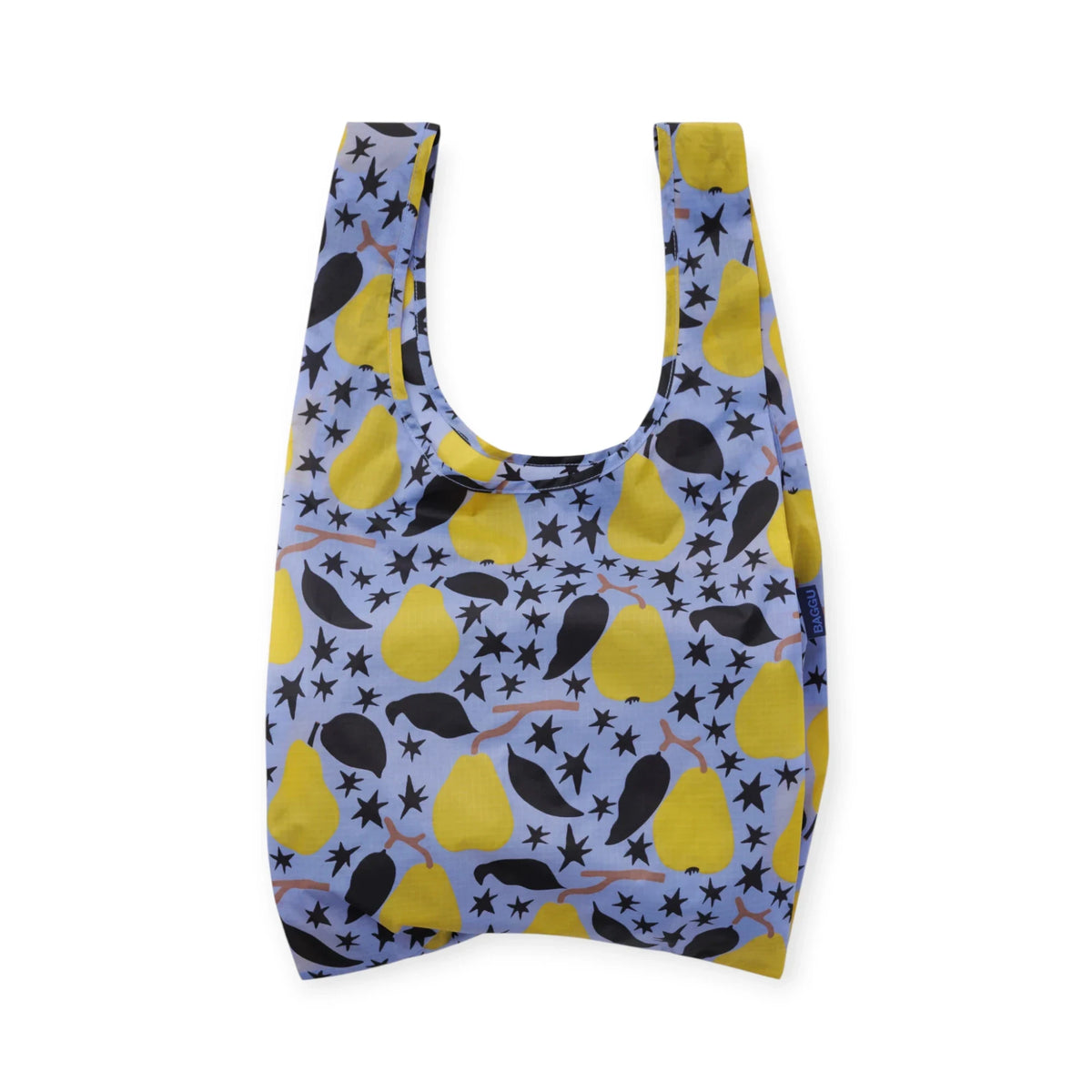Baggu standard reusable tote bag, blue with yellow pear and star print