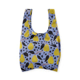 Baggu standard reusable tote bag, blue with yellow pear and star print