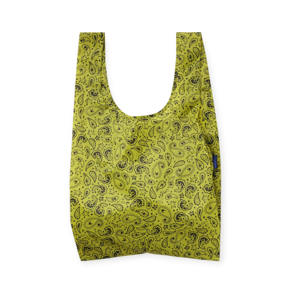 Baggu standard reusable tote bag, yellow-green with paisley pattern